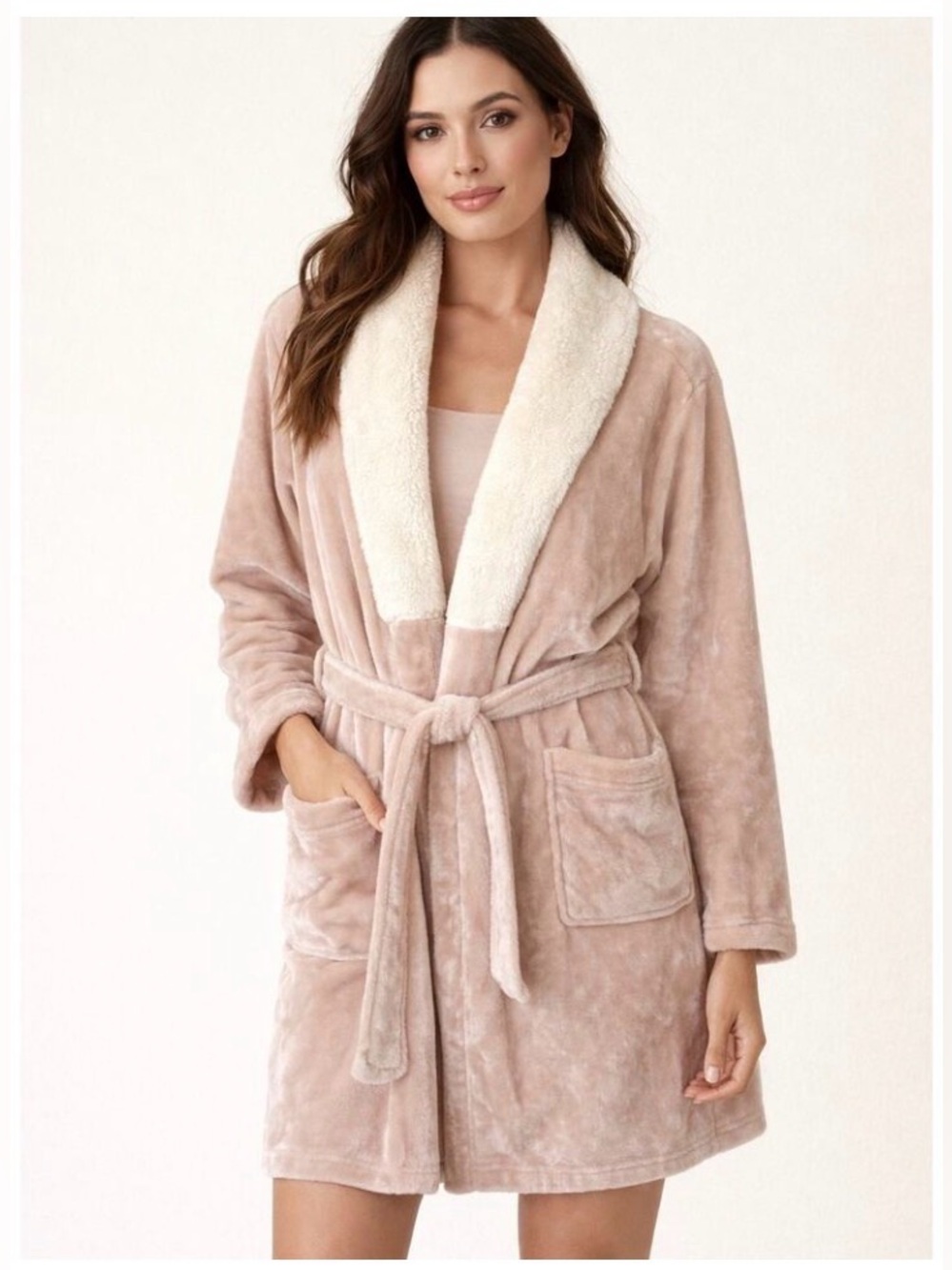 Adrienne Vittadini Plush Faux Fur Bathrobe Pink & White 🤍🩷